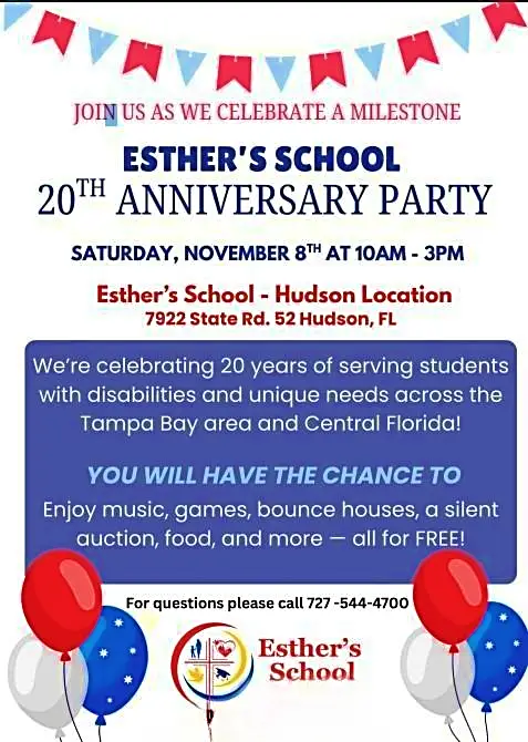 Esther's School 20th Anniversary Event Flyer