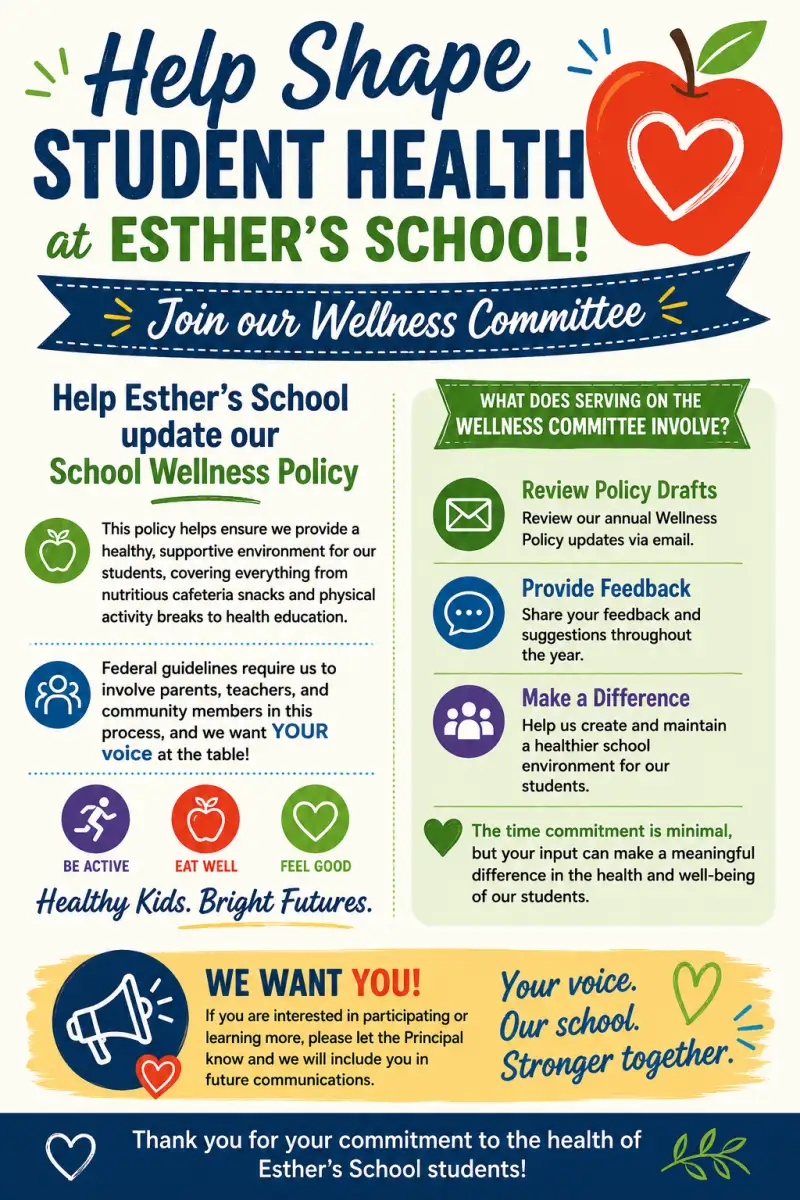 Help shape student health at Esther's School — join our Wellness Committee flyer